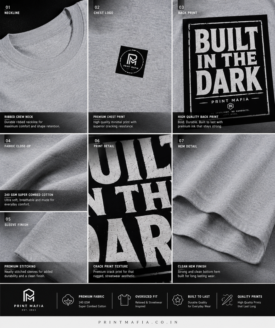 Built In The Dark – Oversized Tee (Grey Melange)